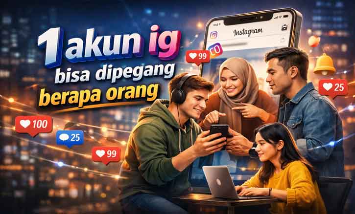 Ilustrasi satu akun Instagram digunakan oleh beberapa admin di berbagai perangkat seperti smartphone dan laptop