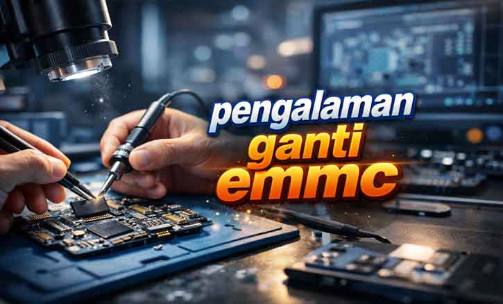 Teknisi memperbaiki motherboard smartphone dan mengganti chip eMMC pada HP Android yang mengalami bootloop