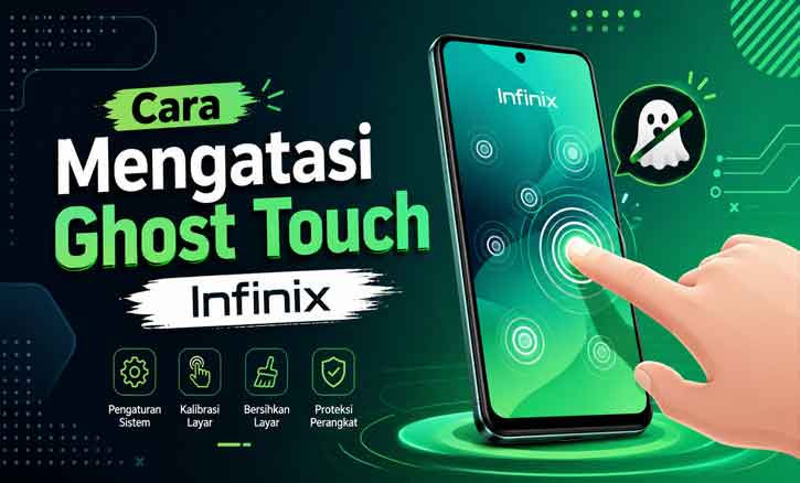 Cara Mengatasi Ghost Touch Infinix dengan ilustrasi smartphone modern dan layar sentuh bermasalah